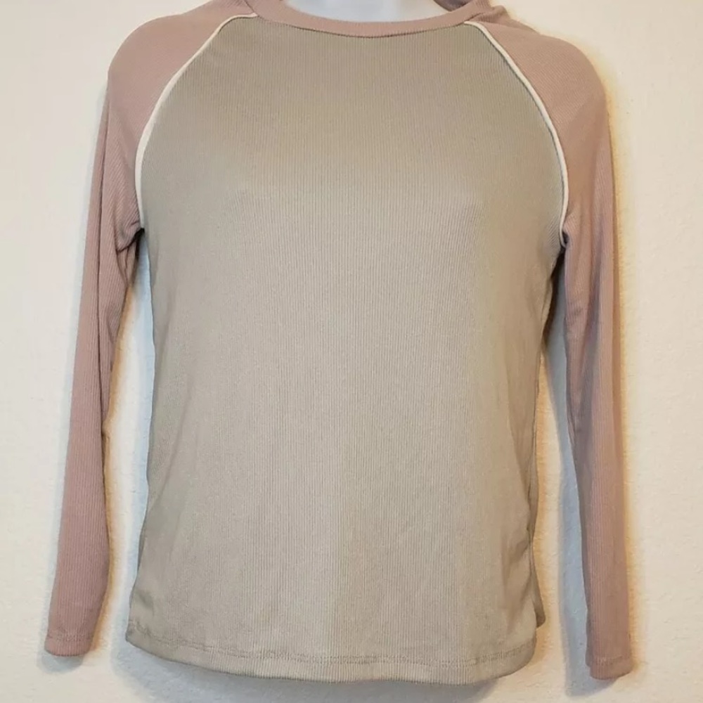 Poof New York Girl's Violet Grey Raglan Long Sleeve Ribbed Top Medium